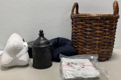 (1) White Airplane Pillow, (1) Black Bean Bag Neck Pillow, (1) Cookie Jar Black Plain, and more!