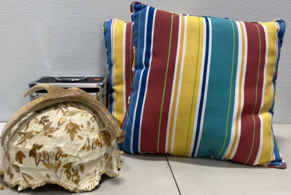 (1) Antler Decorative Bowl, (2) Striped Decorative Throw Pillows, (1) Black Personal Locking Storage Box