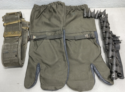 (1) Pair German Winter Shooters Gloves, (1) British Military Utility Belt, (1) WWII German MG 34/42 Ammunition Belt W/ Starter Tab