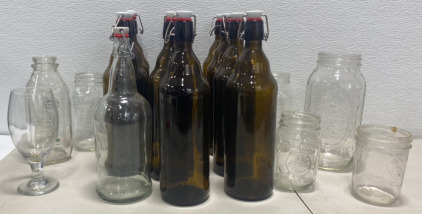 (11) Brown Glass Bottles, (1) Clear Glass Bottles, and more jars and bottles