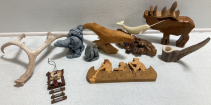 Moose Puzzle Box, Lewis and Clark Wood Puzzle, Carved Narwhal Figure, Carved Whale Wood Figure, Eskimo and Penguin Figures, Antlers, Moose Ornament