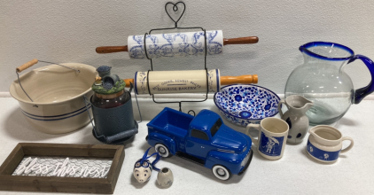 Blue and White Decor: Rolling Pins w/ Hanging Rack, Bowl from Turkey, Glass Pitcher, Morton Salt Mug and Creamer, Ceramic Ford Truck, Blueberry Lantern and more