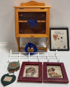 Wood Box w/ Dowel, Over Door Hooks, (2) Framed Normal Rockwell Prints, Coasters, BSU Loofah, Framed Antique Buttons, Hanging Heart