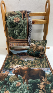 Wood Blanket Rack, Matching Moose Pillow, Blanket and Wall Hanging