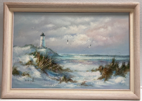 Framed Lighthouse/Beach Painting - Signed