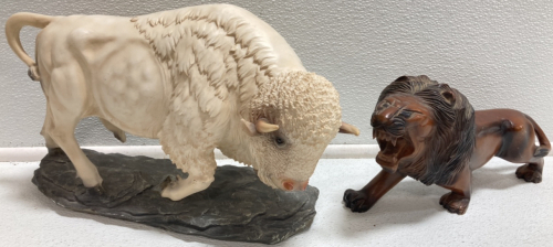 Plastic White Buffalo Figure, Wood Lion Figure