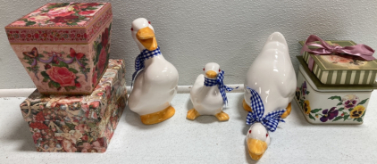 (3) Decorative Ceramic Ducks, Empty Box and Tin, Decorative Box w/ Soap Bars, Decorative Box w/ Notepad