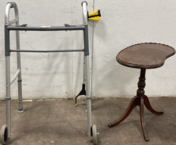 (1) Grey Plastic Walker, (1) Small Yellow and Black Grabber, (1) Small Brown Wooden Side Table