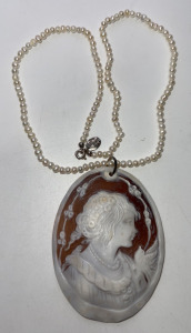 (1) Signed Italian Cameo Seed Pearl Sterling Necklace