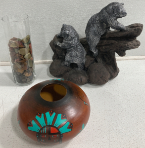 Glass Tube Vase Full Of Decorative Rocks, Native Handmade Vase, Bears Statue