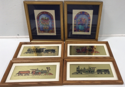 (4) 10”x4” Framed Train Prints (2) 6”x8” Flower Prints