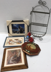 (1) Framed Cross Stitch Bears (1) Framed Howling Wolf Print (1) Piano Girls Print (1) Wooden Barn Plaque (3) Cement Bird Figurines (1) Hanging Rack