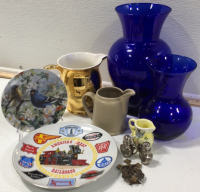 (1) Blue Matching Vases (1) Gold Toned Pitcher (1) Miniature Sparrow Pitcher (1) Ceramic Decorative Pitcher (1) Miniature Salt and Pepper Shakers (1) America’s Great Railroads Plate (1) Decorative Bird Plate w/ Stand (1) Cross Clip