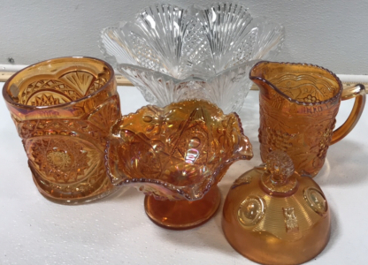 (1) Large Clear Glass Bowl (1) 4pc Orange Tinted Glass Set