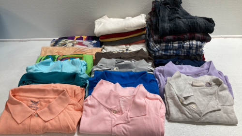 Men’s Shirts Size XL/2XL: (6) Long Sleeve Flannel Button Ups, (11) Short Sleeve Polos, (10) Tshirts