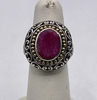 (1) Ruby And Silver Ring W/ 18k Gold Accents Size 6