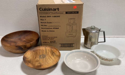 Cuisinart Food Processor, Coffee Pot, Wood Bowl, Wood Lazy Susan, Fire King Baking Dish, Stoneware Bowl