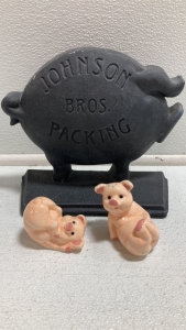 Cast Iron “Johnson Packing Bros” Pig, (2) Ceramic Pig Salt/Pepper Shakers