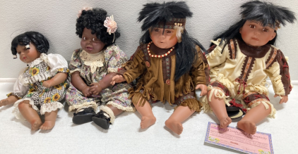 (2) Native American Porcelain Dolls, (2) African American Dolls - (1) Porcelain, (1) Plastic