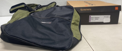 (1) Large Olive Green Swiss Tech Duffle Bag, (1) Pair of Simms Men&rsquo;s Tributary Boot-Rubber Striker Gray Size Men&rsquo;s 9 ( Women&rsquo;s 11)