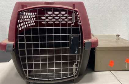 (1) Small red Animal Carrier, (1) Small Brown Lock Box