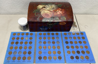 (1) Set Lincoln Head Cents Starting at 1941 (incomplete), (1) Jar Various World Coins, (1) Bag Wheat Pennies, (1) Painted Wood Jewelry Box