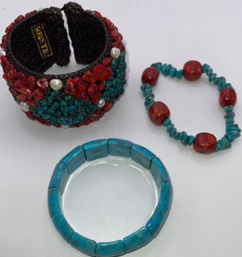 (2) Turquoise And Red Coral Bravelets, (1) Turquoise Bracelet