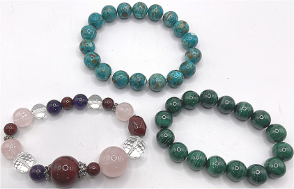 (1) Ball Turquoise Bracelet, (1) Ball Jade Bracelet, (1) Red, Purple, Pink And Clear Bead Bracelet