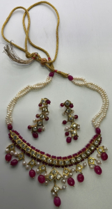 (1) Set Gold Toned White Pearl And Red Gemstone Necklace And Earrings