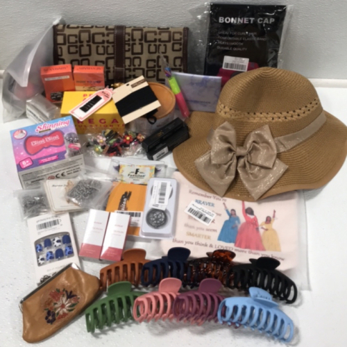 (1) Womens Traveling Hygiene Bag (1) Sun Hat (8) Claw Hair Clips (1) Coin Purse (1) Jewel Machine and Refill Set (2) Sexybaby Tattoo Lipstick (1) Satin Smooth Hair Remover (1) Bonnet Cap … and more