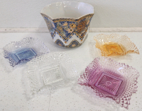 Floral Vase, (5) Assorted Colored Glass Mini Plates