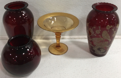 (3) Red Glass Vases, (1) Gold Glass Decor