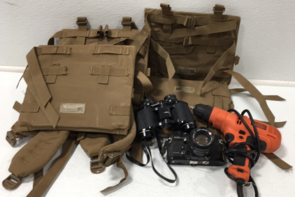 (2) USMC Pack- Shoulder Assembly (3) USMC Pack- Back Plates (1) 8x30mm Tasco Binoculars (1) KS Auto Camera (1) Black and Decker Drill