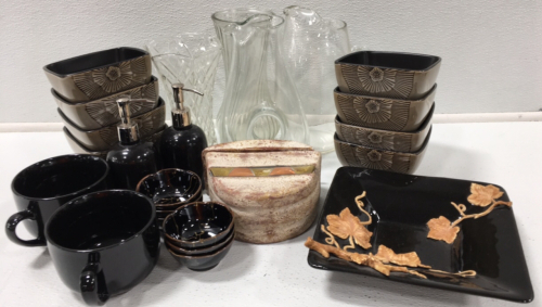 (8) Ceramic Bowls (1) Decorative Dish (2) Large Coffee Cups (2) Glass Pitchers (2) Glass Vases (2) Soap Dispensers (6) Small Sauce Bowls