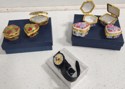 (7) Mini Porcelain Boxes, Mickey Mouse Watch