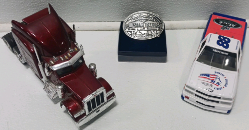 (2) Die Cast Models And A Western Trailer Belt Buckel