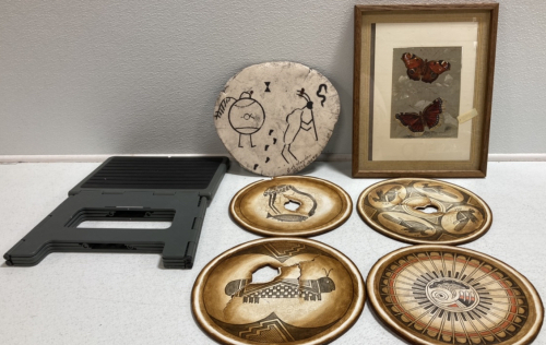 (4) Erv Johnson Artworks, Framed Butterfly Art, Kokopelli Stone Painting, Foldable Stepstools