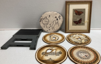 (4) Erv Johnson Artworks, Framed Butterfly Art, Kokopelli Stone Painting, Foldable Stepstools