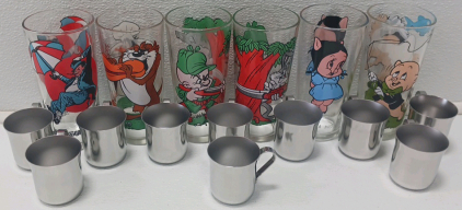 (5) Vintage "Looney Toons" Glass Cup (1) Vintage Penguin Glass (10) Stainless Stee Cups