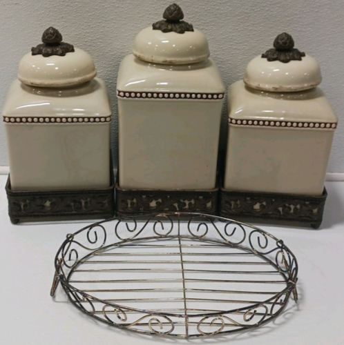 (3) Ceramic Canisters And Wire Basket