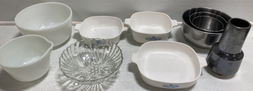 (3) Corningware Dishes, (3) Metal Mixing Bowls, (2) Glass M ixing Bowls, Glass Bowl, Small Vase