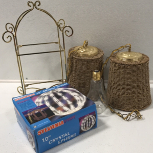 (2) Wicker Hanging Lamps (1) Decorative Light Bulb (1) 10” Light Up Crystal Sphere (1) Display Stand