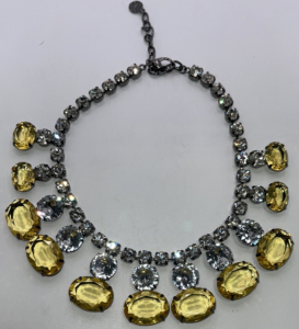 (1) Yellow And Clear Faceted Gemstone Gunmetal Toned Necklace