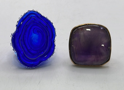 (1) Blue Glass Ladies Ring Size 5, (1) Amethyst Bronze Ladies Ring Size 8-1/2