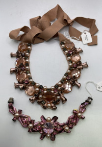 (1) Peach Cloth Backed Ornamental Pearl And Peach Gemstone Necklace (1) Pink Cloth Backed Ornamental Pearl, Pink Gemstone Magnetic Bracelet