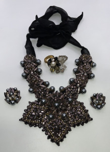 (1) Set Black Cloth Backed Tahitian Pearl And Bronze Gemstone Ladies Necklace And Clip On Earrings, (1) White Pearl And Gemstone Gold Toned Ring