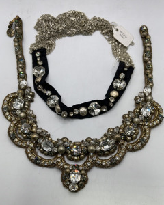 (1) Brass And Broze Cloth White And Dark Colored Gemstone Necklace, (1) Silver Toned Black Cloth White Gemstone Ladies Necklace
