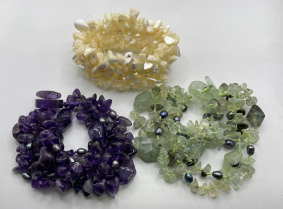 (1) Purple Amethyst Ladies Bracelet, (1) Green Gemstone W/ Tahitian Pearl Accents Ladies Bracelet, (1) White Coral Ladies Bracelet
