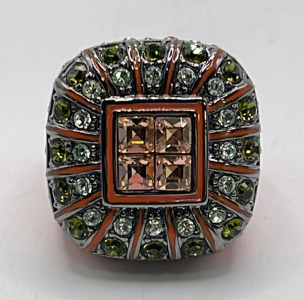 (1) Orange, White, And Green Gemstone Orange And Silver Toned Ladies Ring Size 8