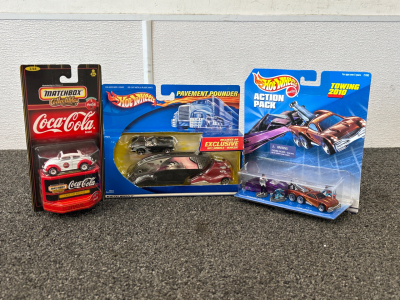 HotWheels Pavement Pounder, Action Pack Tow Jam and Shadow Jet, plus Matchbox Coca Cola Beetle